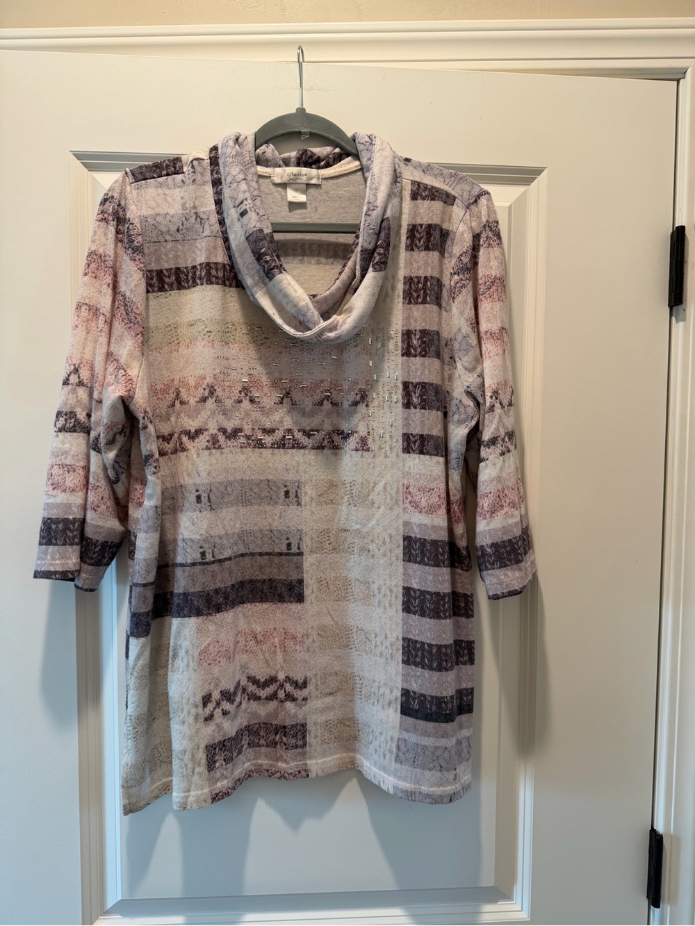 CJ Banks Striped Cowl Neck Sweater - Pink & Gray